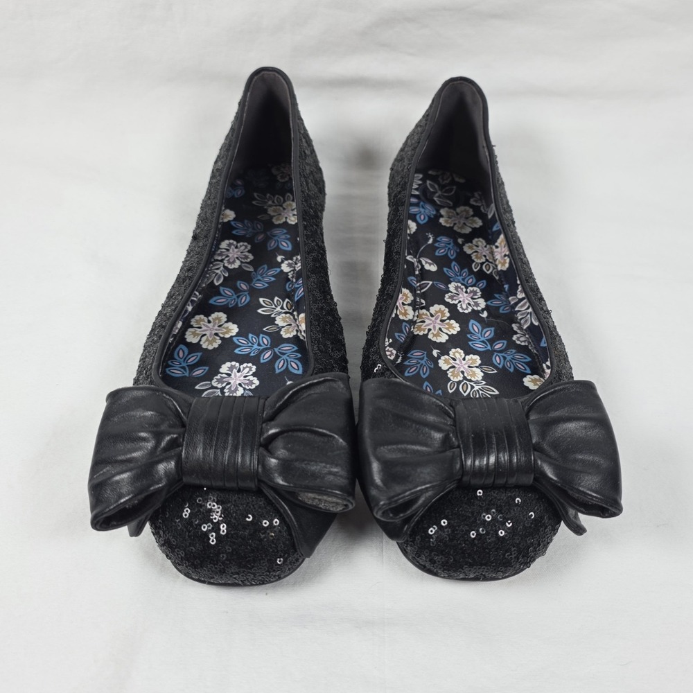 Tory Burch Black Sequin Divine Bow Ballerina Flats Leather Driver Womens Size 9 - Picture 2 of 10